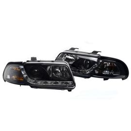 96-01 AUDI A4/S4 B5 ECODE PROJECTOR HEADLIGHTS W/ S5 STYLE LED DRL - BLACK