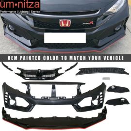 Fits 16-21 Honda Civic Type-R Style Painted Front Bumper w/ Lip Gloss Black Red