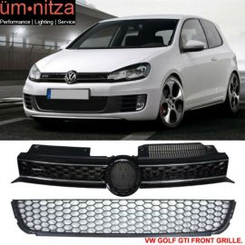 Fits 10-14 Golf MK6 Honeycomb GTI Black Chrome Trim Front Upper+Lower Grille ABS