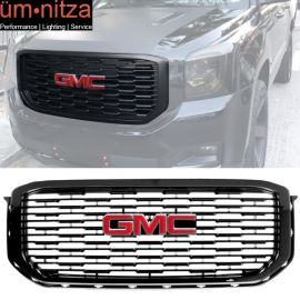 Fits 15-19 GMC Yukon Denali Style Front Upper Grille Black ABS + Red GMC Emblem