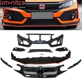 Fits 16-21 Honda Civic TR Style Front Bumper Cover + Grille + Front Lip PP