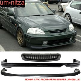Fits 96-98 Honda Civic SIR Style Front + Rear Bumper Lip + TR Style Front Grille