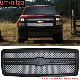 Fits 14-15 Silverado 1500 B Style Black Front Bumper Hood Grille Grill - ABS