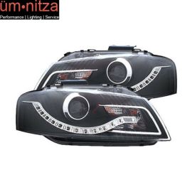 Fits 06-09 Audi A3 Projector Headlights Lamp Black Clear & R8 Style LED Strip