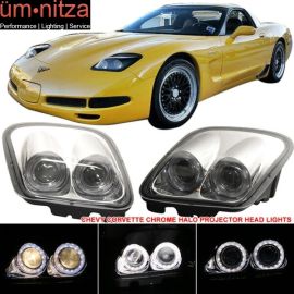 Fits 97-04 Chevy Corvette LED Halo Rims Projector Headlights Chrome Housing
