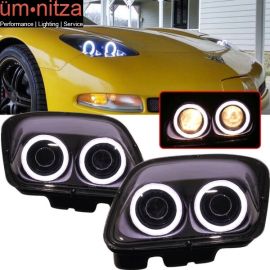 Fits 97-04 Chevy Corvette C5 Headlights Projector Lamp Black Dual LED Halo Rims