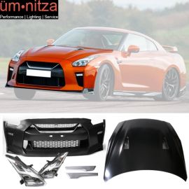 Fits 09-18 Nissan R35 GTR GT-R Coupe Front Bumper & Hood Cover & LED Headlights