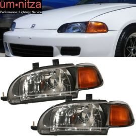 Fits 92-95 Honda Civic 2Dr 3Dr JDM Black Amber Headlights