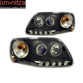 Fits 97-02 03 Ford F150 LED Halo Projector Headlights Black