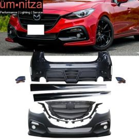 Fits 14-16 Mazda 3 4D KS Style Black Full Bumper & ABS Side Skirt W/ Black LED