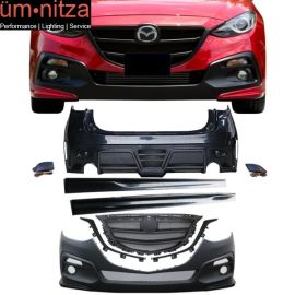 Fits 14-16 Mazda 3 5D KS Style Black Front&Rear Bumper Side Skirts W/ Black LED