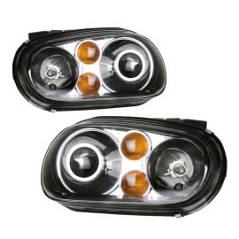 99-05 VW Golf MK4 ECode Projector Glass Lens Headlights Black Frame Amber Signal