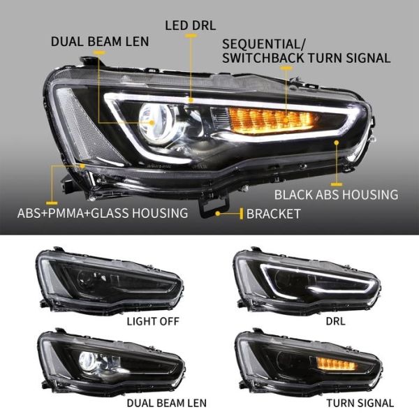 VLAND Dual Beam Projector Headlights and 2PCs D2H Xenon Bulbs for  Mitsubishi Lancer EVO X 2008