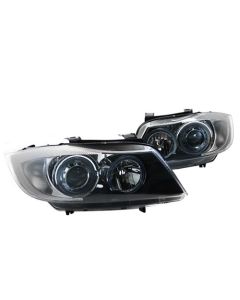 06-08 Fit BMW E90/E91 DEPO BLACK E-CODE PROJECTOR HEADLIGHTS W/ ANGEL EYES