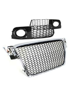 09-12 AUDI A4 B8 RS4 STYLE BLACK/CHROME EURO MESH GRILLE W/ FOG LIGHT GRILLES