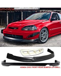 Fits 96-98 Honda Civic 2Dr/4Dr CONCEPT Front + Rear Bumper Lip +Mugen Hood Grill