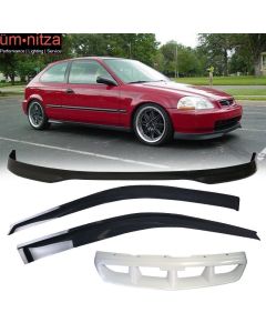 Fits 96-98 Honda Civic 3Dr Front Bumper Lip + Front Grill + Sun Window Visor