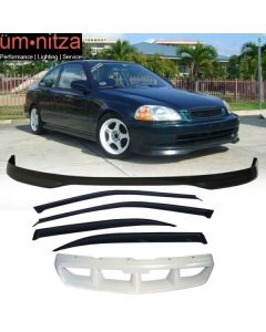 Fits 96-98 Honda Civic 4Dr Front Bumper Lip PP + Grille + Sun Window Visor