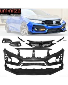 Fits 16-18 Honda Civic 10th-Gen Type-R Front Bumper PP + Grille + Foglight Cover