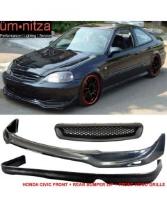 Fits 96-98 Honda Civic JDM JUN Front Bumper Lip PU + Rear Lip + TR Front Grille