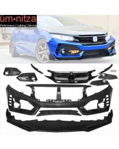 Fits 16-18 Honda Civic Type-R Front Bumper Cover & Lip Gloss Black & DRL Light