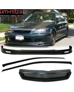 Fits 99-00 Honda Civic Mugen Front Bumper Lip PP + Front Grille + Window Visors