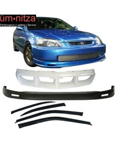 Fits 96-98 Honda Civic Mugen PP Front Bumper Lip + Window Visors 4Pc + Grille