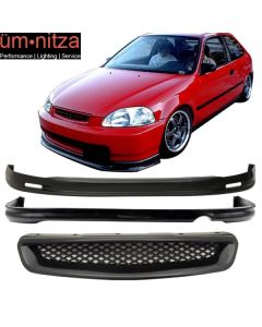 Fits 96-98 Honda Civic Mugen Style Front + Rear Bumper Lip + TR Front Hood Grill