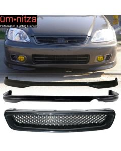 Fits 96-98 Honda Civic 4Dr Front + Rear Bumper Lip + TR Front Grill