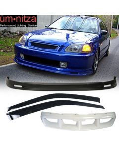 Fits 96-98 Honda Civic 3Dr Mugen PP Front Bumper Lip Spoiler + Window Visor 2PC