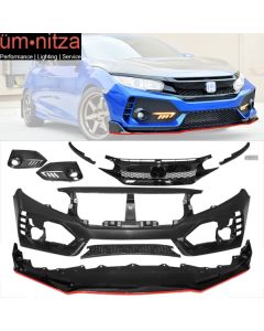 Fits 16-18 Honda Civic Type-R Style Front Bumper + Grille + Lip + Foglight Cover