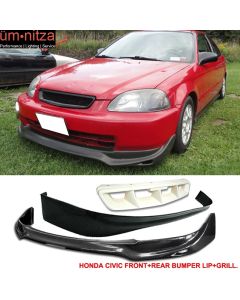 Fits 96-98 Civic 3Dr JDM JUN Front + Rear Bumper Lip + Mugen Front Hood Grill