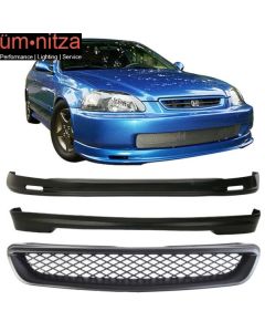 Fits 96-98 Honda Civic 3Dr Front + Rear Bumper Lip + TR Hood Grill