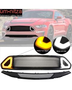 Fits 18-23 Ford Mustang Front Bumper Upper & Lower Grill Mesh Grille W/ LED