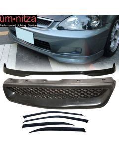 Fits 99-00 Honda Civic TR Style Front Bumper Lip PP + Grille + 4PCS Window Visor