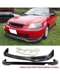 Fits 96-98 Civic 2Dr/4Dr JUN Front + Rear Bumper Lip + Mugen Front Hood Grill