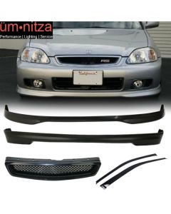 Fits 99-00 Honda Civic 3Dr T-R Front + Rear Bumper Lip + Grille + Window Visor