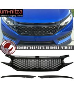 Fits 16-21 Civic Coupe Sedan Hatchback Gloss Black Mesh Grille With 2PC Eyebrows