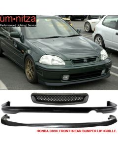 Fits 96-98 Honda Civic SIR Style Front + Rear Bumper Lip + TR Style Front Grille