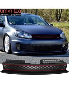 Fits 10-14 VW Golf 6 MK6 GTI Style Front High Bar Black Red Trim Mesh Grille-ABS