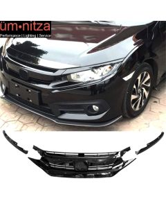 Fits 16-21 Honda Civic 10th Gen Mesh Front Bumper Hood Grille Grill Gloss Black