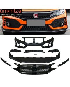 Fits 16-21 Civic Sedan Coupe Type-R Front Bumper + Grille + Lip Gloss Black