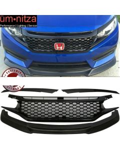 Fits 16-18 Honda Civic Coupe Sedan GT Style Front Lip & Gloss Black Mesh Grille