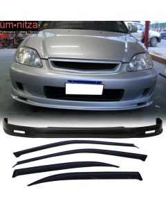 Fits 99-00 Honda Civic Mugen Style Front Bumper Lip PP + 4PCS Slim Window Visors