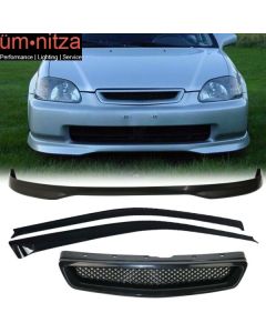 Fits Civic 99-00 3Dr PP T-R Front Bumper Lip + Front Grille + Sun Window Visor