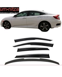 Fits 16-18 Civic X 10th Gen Sedan Roof Spoiler MUG Window Visor Chrome Trim