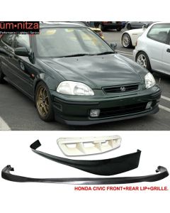 Fits 96-98 Honda Civic Hatchback SIR Front + Rear Bumper Lip + Mugen Hood Grill