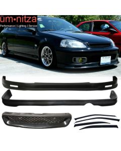 Fits Civic 99-00 4Dr Front + Rear Bumper Lip + Front Grille + Sun Window Visor