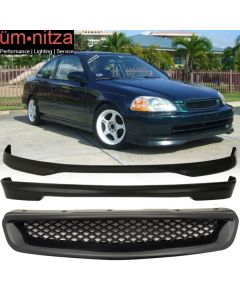 Fits 96-98 Honda Civic 3Dr TR Front + Rear Bumper Lip + Hood Grill