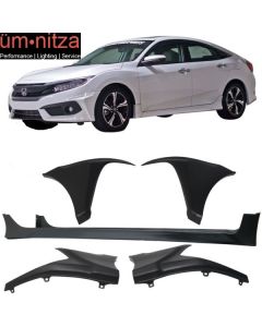 Fits 16-18 Honda Civic 4-Door HF-P Style Front + Rear Bumper Lip + Side Skirt PP